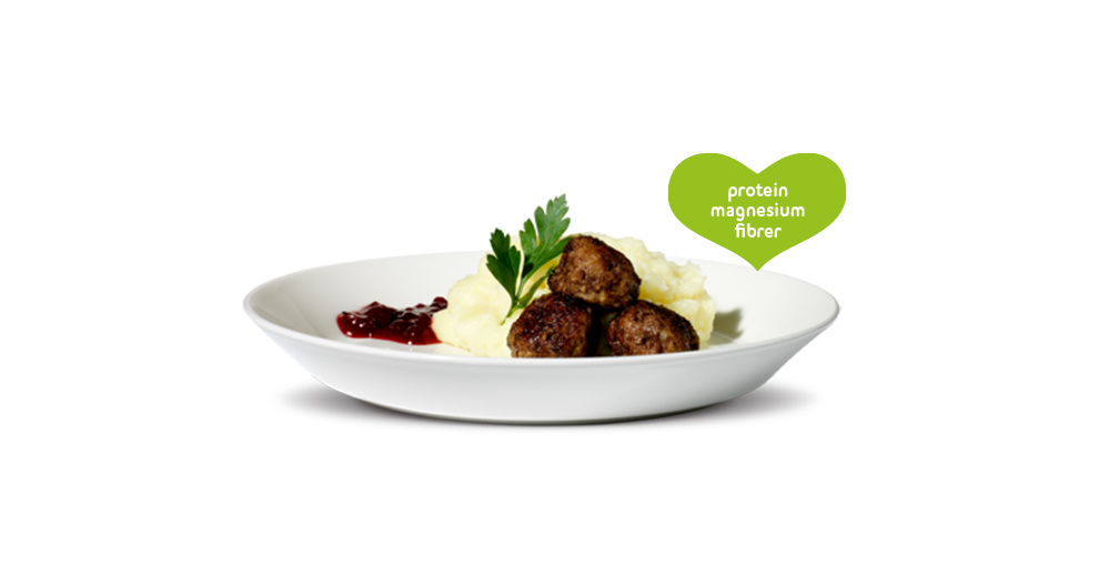 En tallrik med köttbullar, potatismos och tranbärssås med ett hjärta som framhäver näringsinnehållet av protein, magnesium och fibrer.