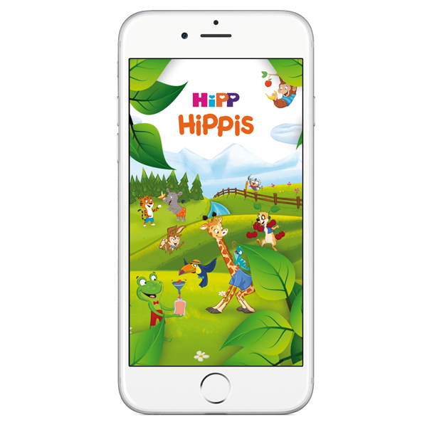 En mobiltelefon visar en färgglad illustration av animerade djur på en gräsmatta med texten "HiPPis" högst upp.