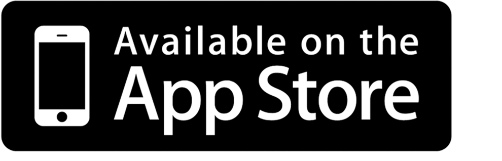 En svartvit rektangulär skylt med rundade hörn visar en stiliserad ikon av en smartphone till vänster och texten "Available on the App Store" i fet, vit font till höger.